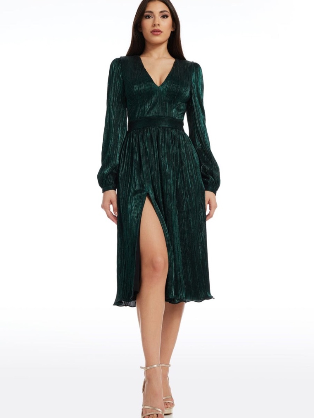 Dress the Population Holly Long Sleeve Metallic Plissé Dress Size M in Green